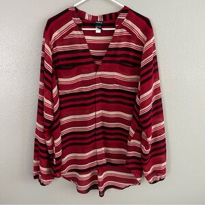 Torrid Striped Long Sleeve Blouse Plus Sz 2X Red Black White Pockets Semi-Sheer